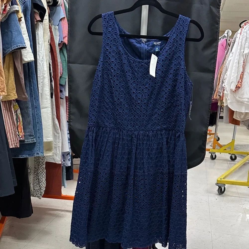 Old Navy Navy Blue Eyelet Midi Dress